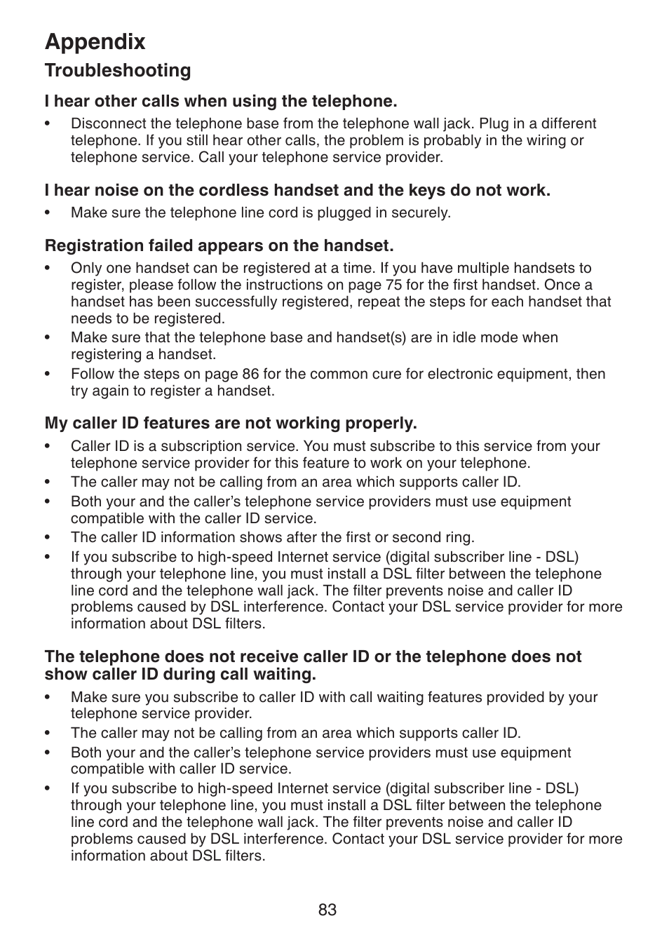 Appendix, Troubleshooting | VTech DS6322-4 User Manual | Page 87 / 101