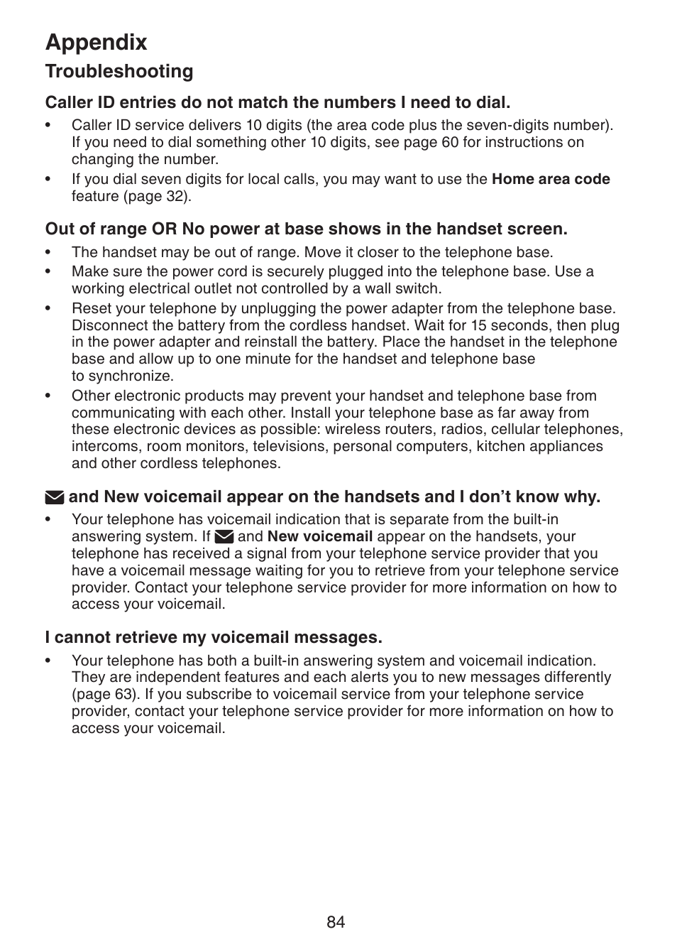 Appendix, Troubleshooting | VTech DS6322-4 User Manual | Page 88 / 101