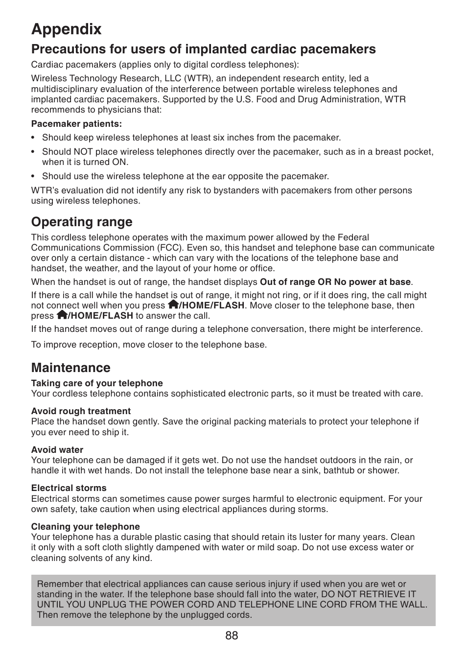 Precautions for users of implanted, Cardiac pacemakers, Operating range | Maintenance, Appendix | VTech DS6322-4 User Manual | Page 92 / 101