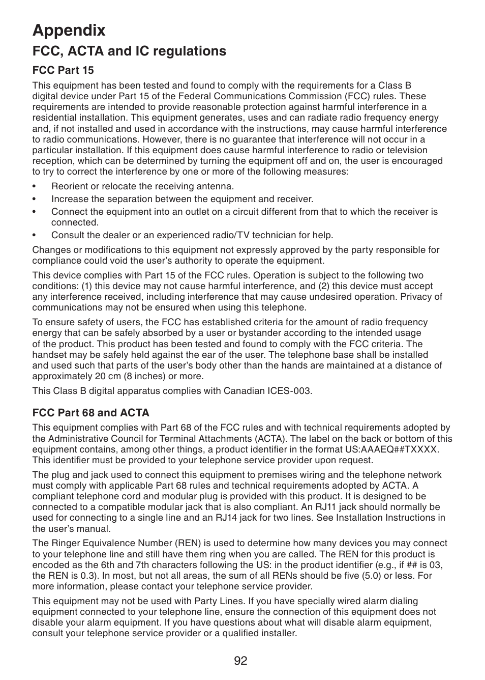 Fcc, acta and ic regulations, Appendix | VTech DS6322-4 User Manual | Page 96 / 101