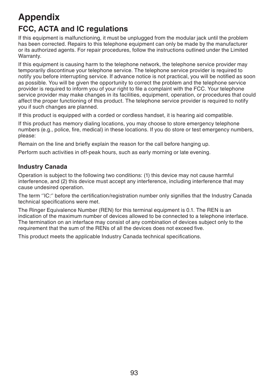 Appendix, Fcc, acta and ic regulations | VTech DS6322-4 User Manual | Page 97 / 101