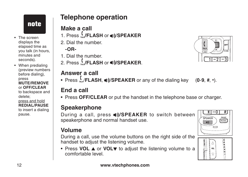 Telephone operation, Make a call, Answer a call | End a call, Speakerphone, Volume | VTech DS6121-5 User Manual | Page 16 / 75