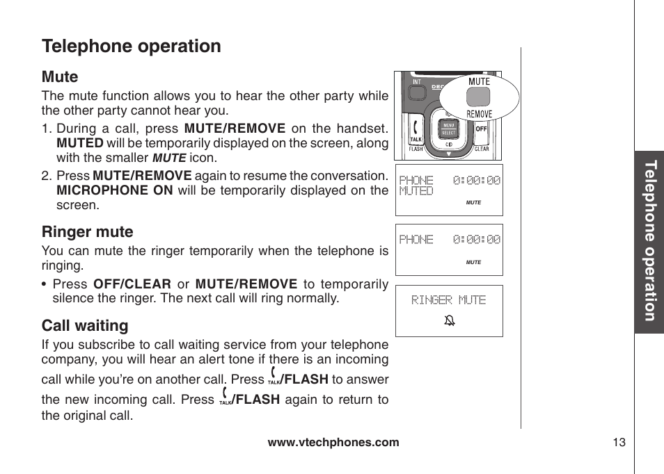 Mute, Ringer mute, Call waiting | Mute ringer mute call waiting, Telephone operation, Te le ph on e o pe ra tio n | VTech DS6121-5 User Manual | Page 17 / 75