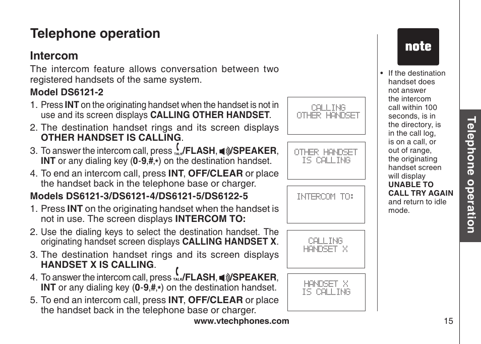 Intercom, Telephone operation, Te le ph on e o pe ra tio n | VTech DS6121-5 User Manual | Page 19 / 75