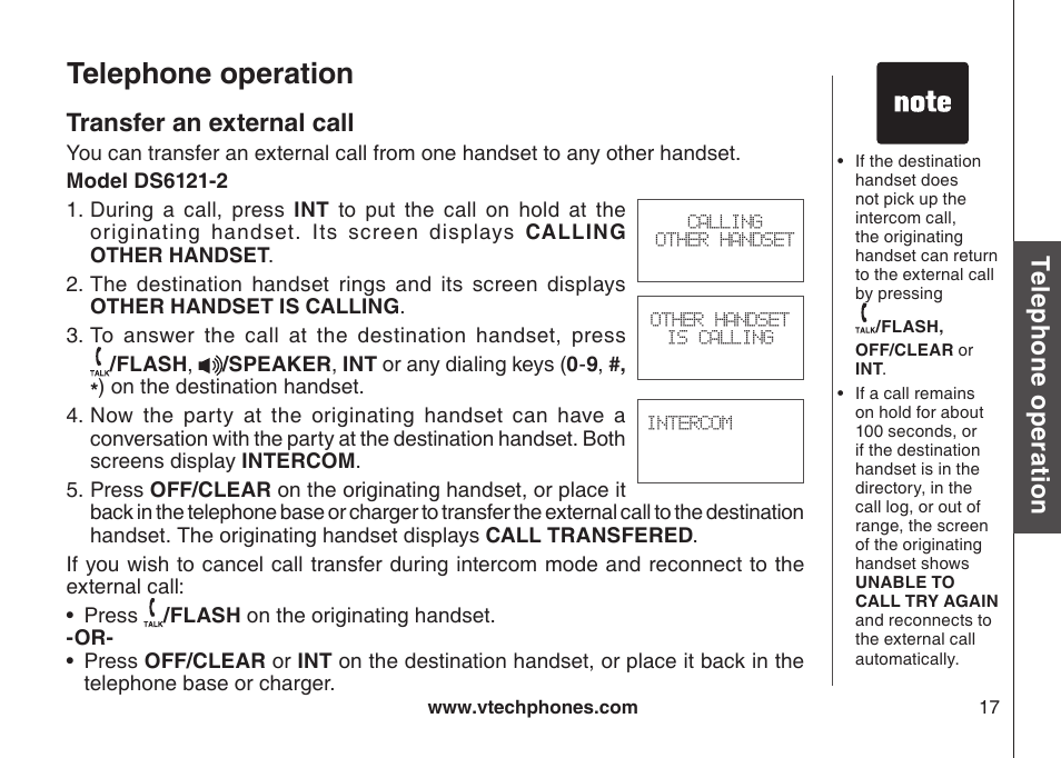 Transfer an external call, Telephone operation, Te le ph on e o pe ra tio n | VTech DS6121-5 User Manual | Page 21 / 75