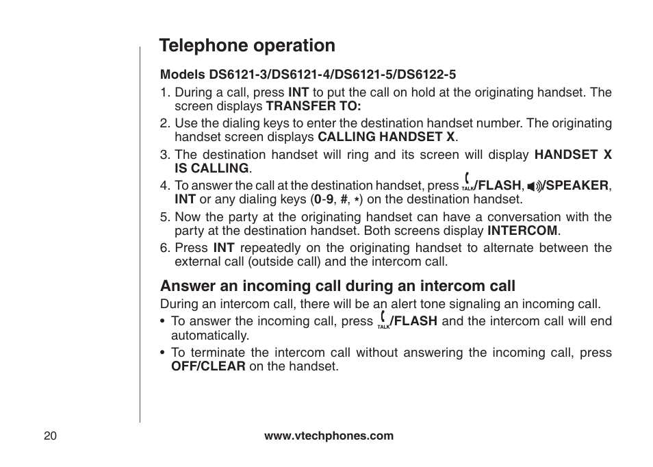 Telephone operation, Answer an incoming call during an intercom call | VTech DS6121-5 User Manual | Page 24 / 75