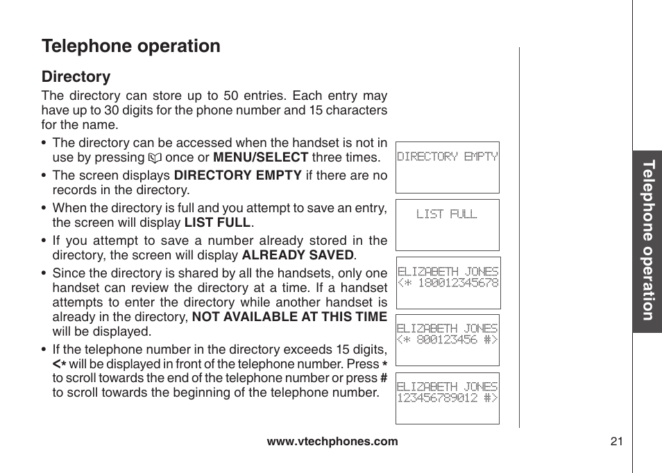 Directory, Telephone operation | VTech DS6121-5 User Manual | Page 25 / 75