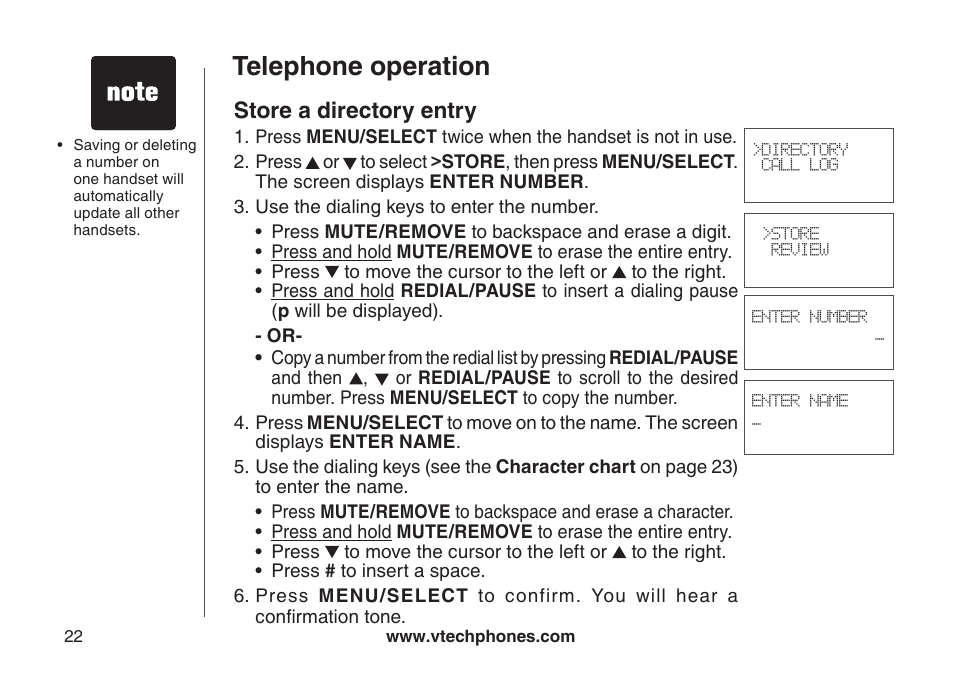 Store a directory entry, Telephone operation | VTech DS6121-5 User Manual | Page 26 / 75