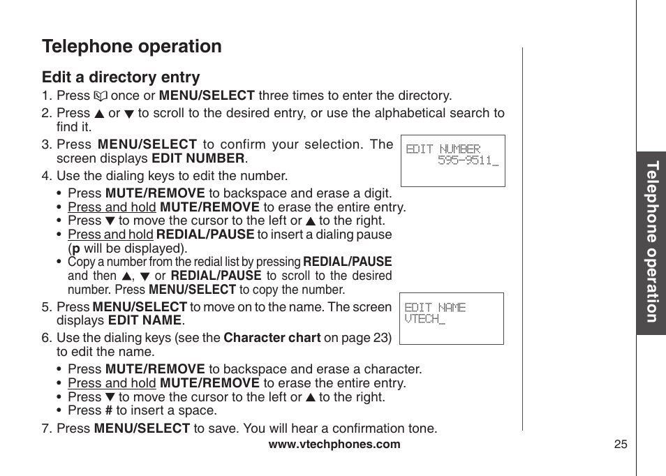 Edit a directory entry, Telephone operation | VTech DS6121-5 User Manual | Page 29 / 75