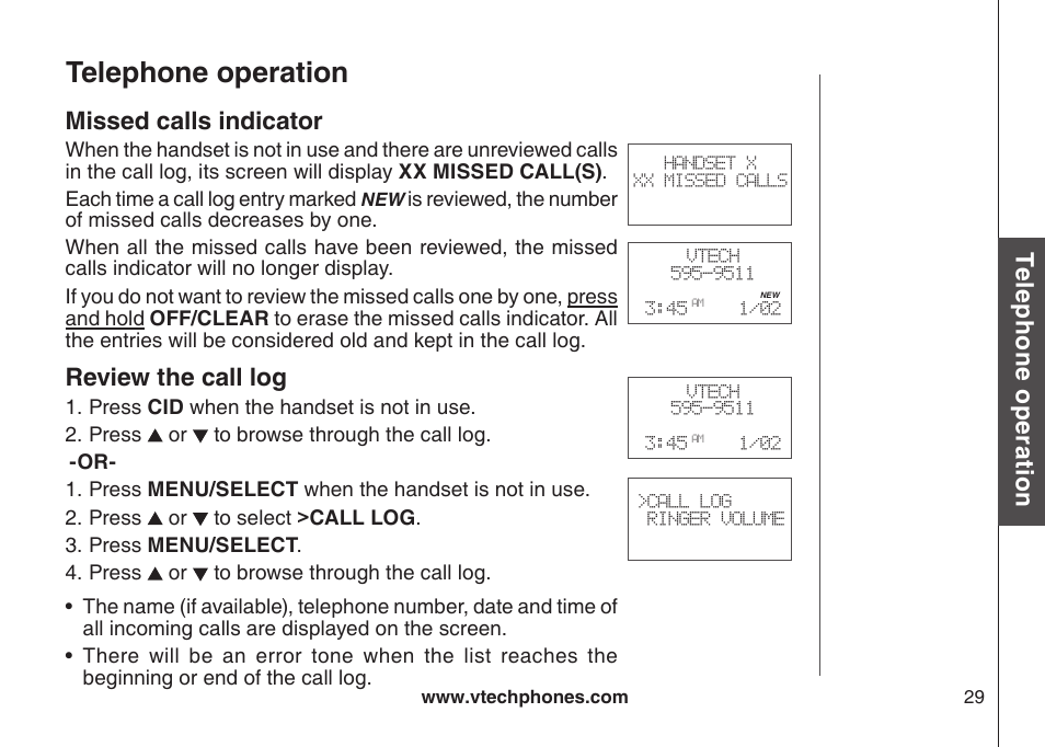 Review the call log, Telephone operation, Te le ph on e o pe ra tio n | Missed calls indicator | VTech DS6121-5 User Manual | Page 33 / 75
