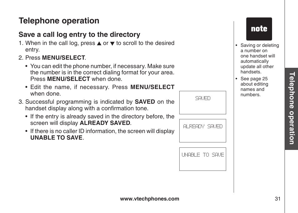 Save an entry to the directory, Save a call log entry to the directory, Telephone operation | Te le ph on e o pe ra tio n | VTech DS6121-5 User Manual | Page 35 / 75