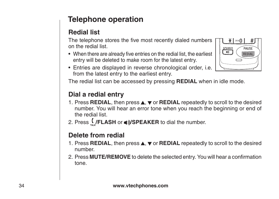 Redial list, Dial a redial entry, Delete from redial | Redial list dial a redial entry delete from redial, Telephone operation | VTech DS6121-5 User Manual | Page 38 / 75