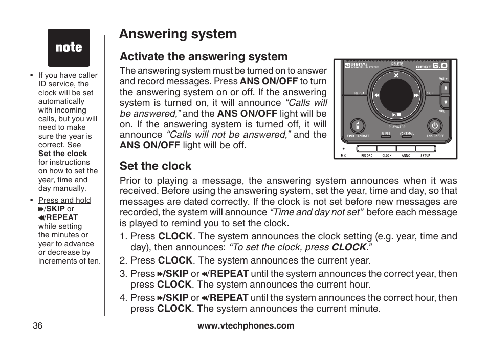 Activate the answering system, Set the clock, Activate the answering system set the clock | Answering system | VTech DS6121-5 User Manual | Page 40 / 75