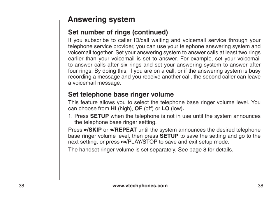 Set telephone base ringer, Set remote access code, Answering system | Set number of rings (continued), Set telephone base ringer volume | VTech DS6121-5 User Manual | Page 42 / 75