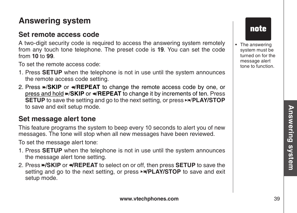 Set message alert tone, Answering system | VTech DS6121-5 User Manual | Page 43 / 75