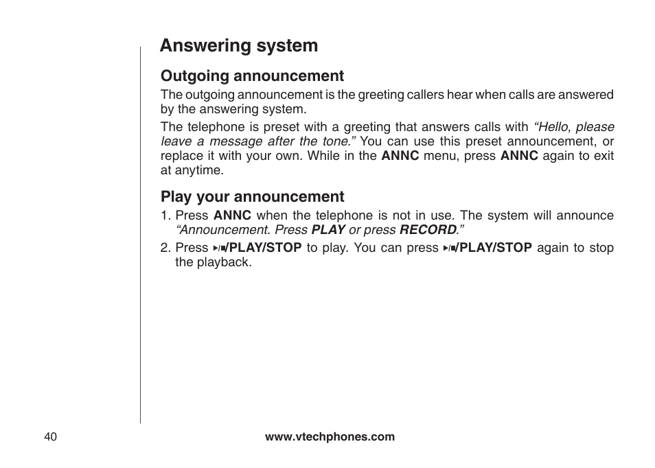 Outgoing announcement, Play your announcement, Answering system | VTech DS6121-5 User Manual | Page 44 / 75