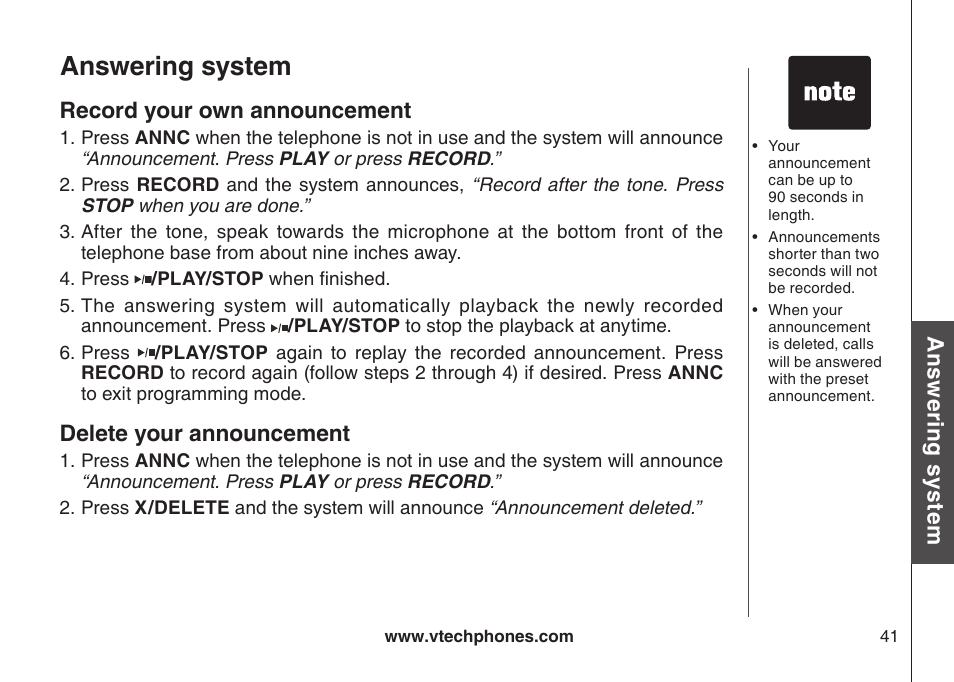 Record your own announcement, Delete your announcement, Answering system | VTech DS6121-5 User Manual | Page 45 / 75