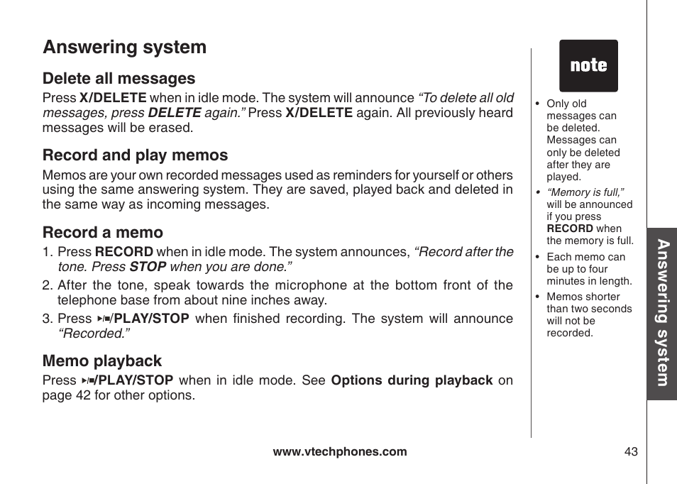 Delete all messages, Record and play memos, Record a memo | Memo playback, Answering system, Ans w er in g s ys te m delete all messages | VTech DS6121-5 User Manual | Page 47 / 75