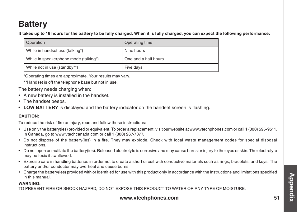 Battery, Appendix | VTech DS6121-5 User Manual | Page 55 / 75