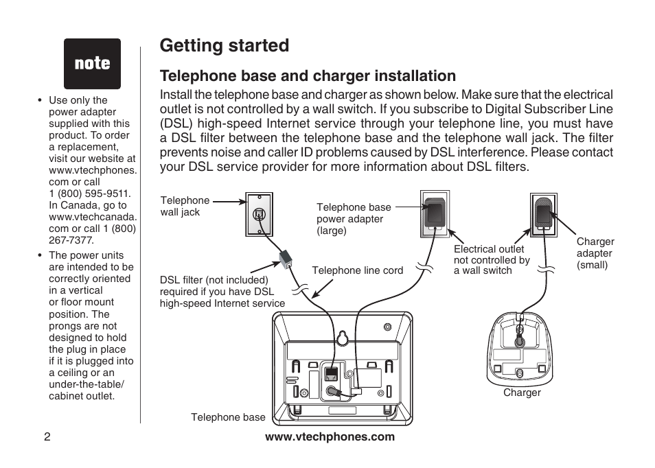 Telephone base installation, Telephone base and charger installation, Getting started | VTech DS6121-5 User Manual | Page 6 / 75