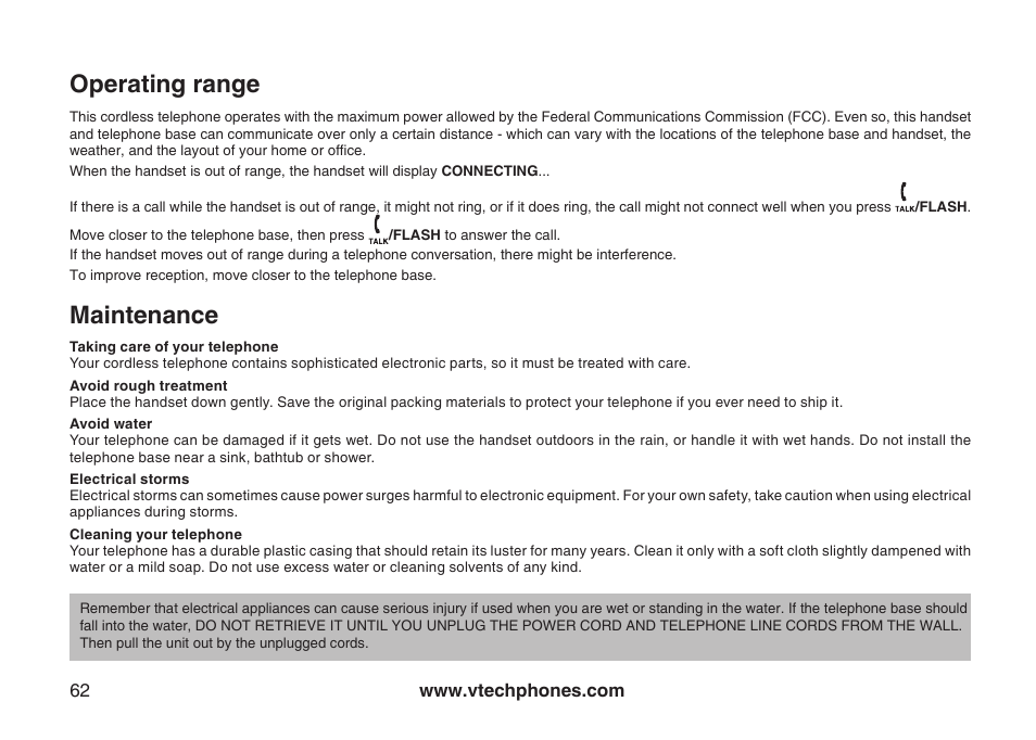 Operating range, Maintenance | VTech DS6121-5 User Manual | Page 66 / 75