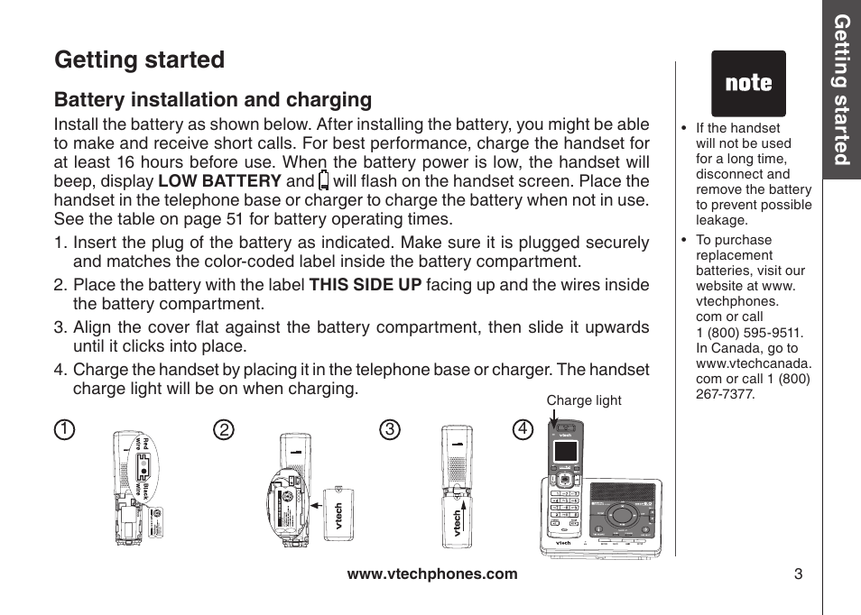 Battery installation and charging, Getting started, Gett in g s ta rte d | VTech DS6121-5 User Manual | Page 7 / 75