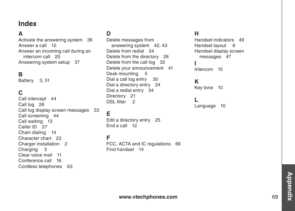 Index, Appendix | VTech DS6121-5 User Manual | Page 73 / 75