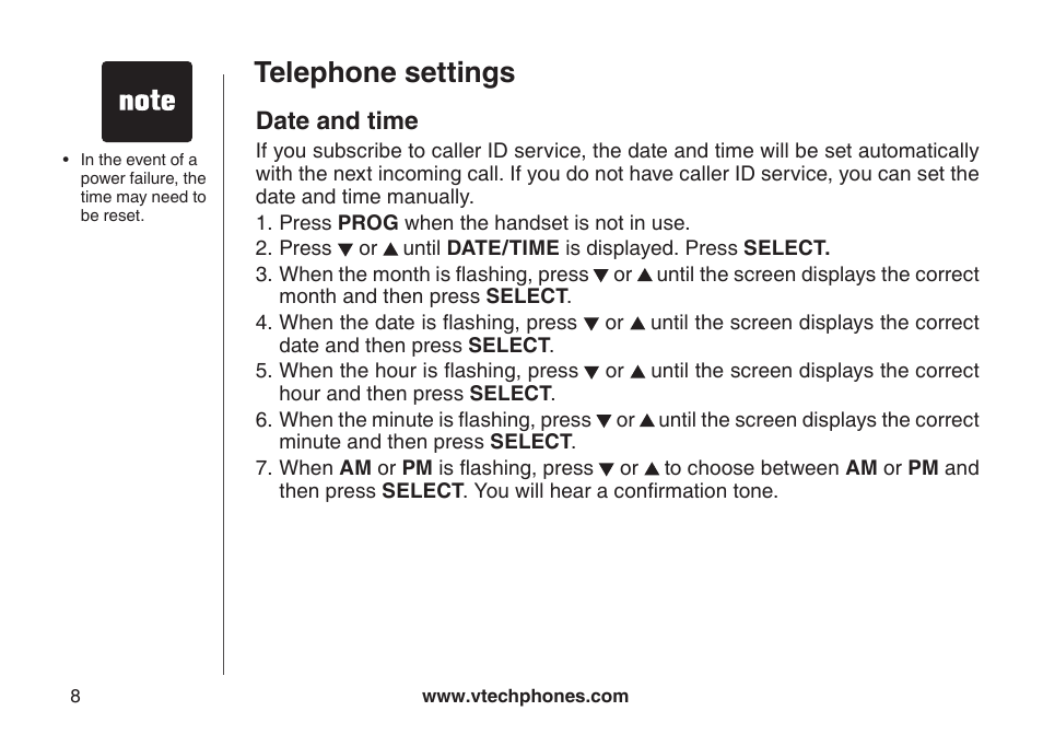 Telephone settings, Date and time, Date and tme | VTech CS5123 User Manual | Page 12 / 69