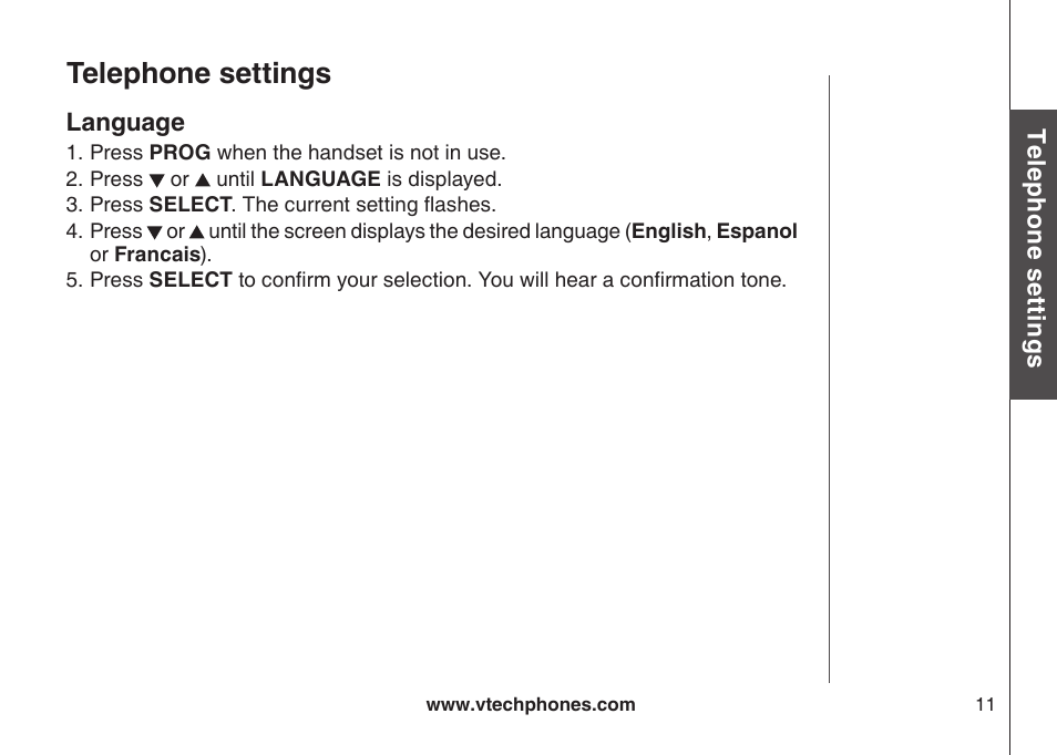 Language, Telephone settings | VTech CS5123 User Manual | Page 15 / 69