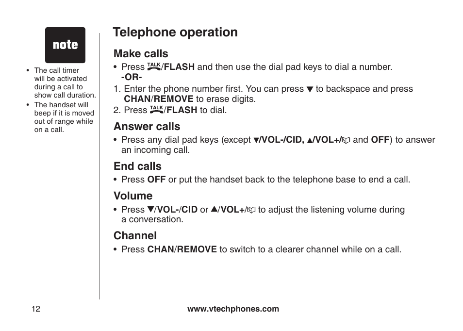 Telephone operation, Make calls, Answer calls | End calls, Volume, Channel, Calls | VTech CS5123 User Manual | Page 16 / 69