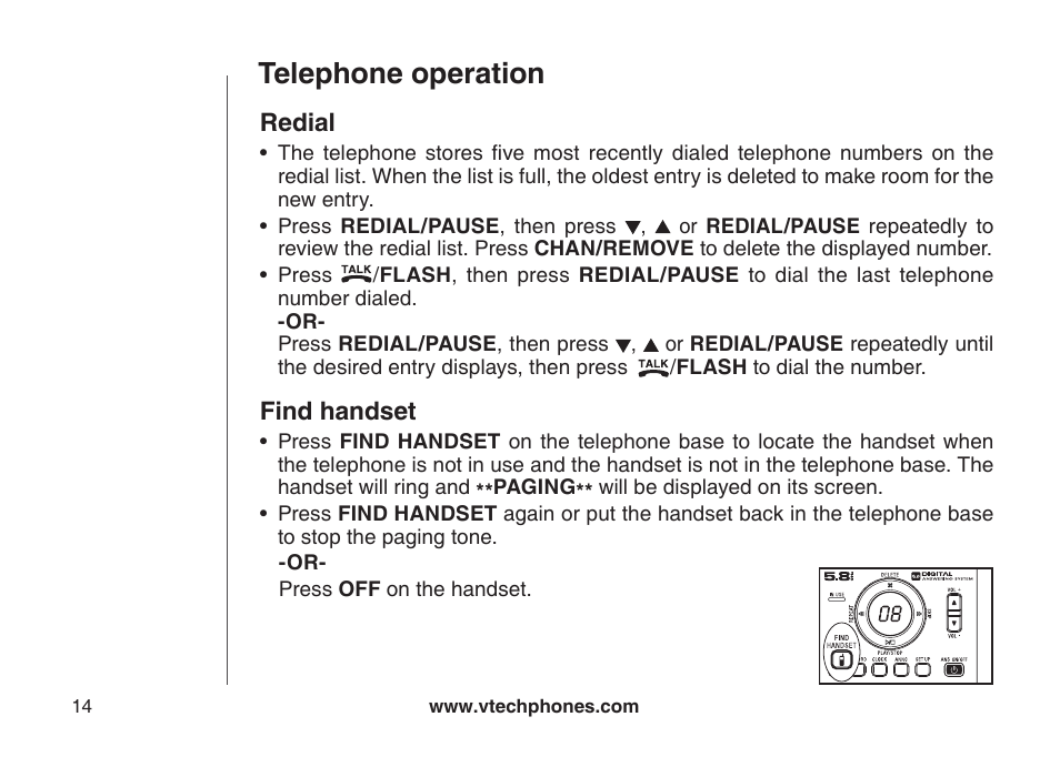 Redial, Find handset, Fnd handset | Telephone operation | VTech CS5123 User Manual | Page 18 / 69