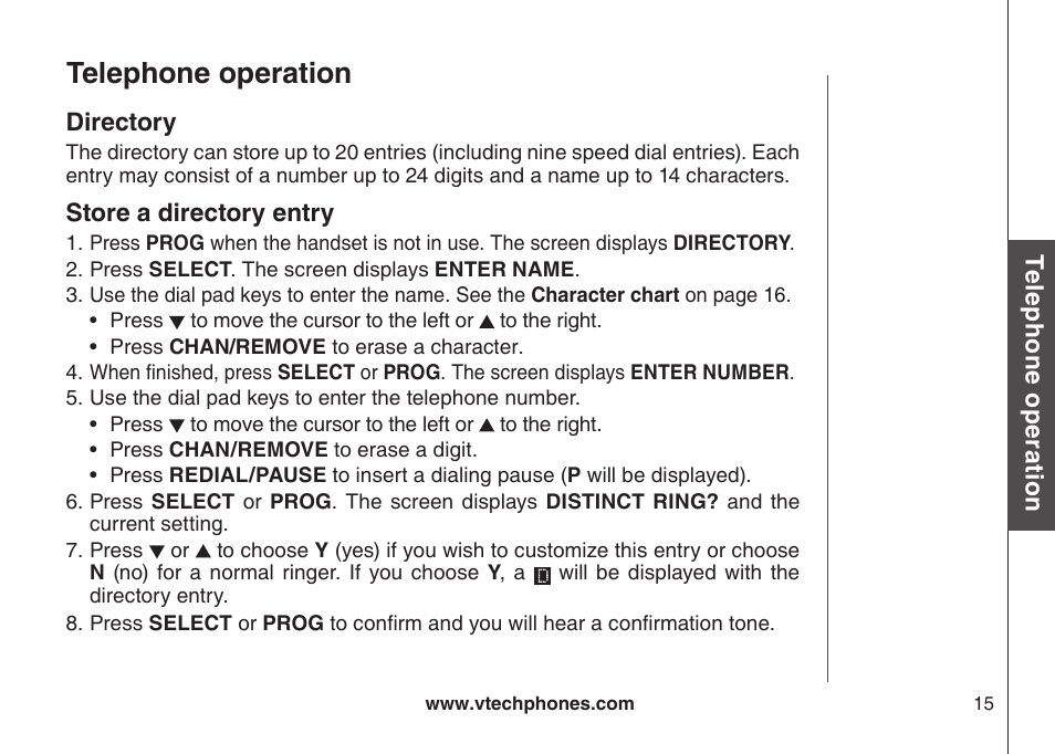 Directory, Store a directory entry, Drectory | Store a drectory entry, Telephone operation | VTech CS5123 User Manual | Page 19 / 69