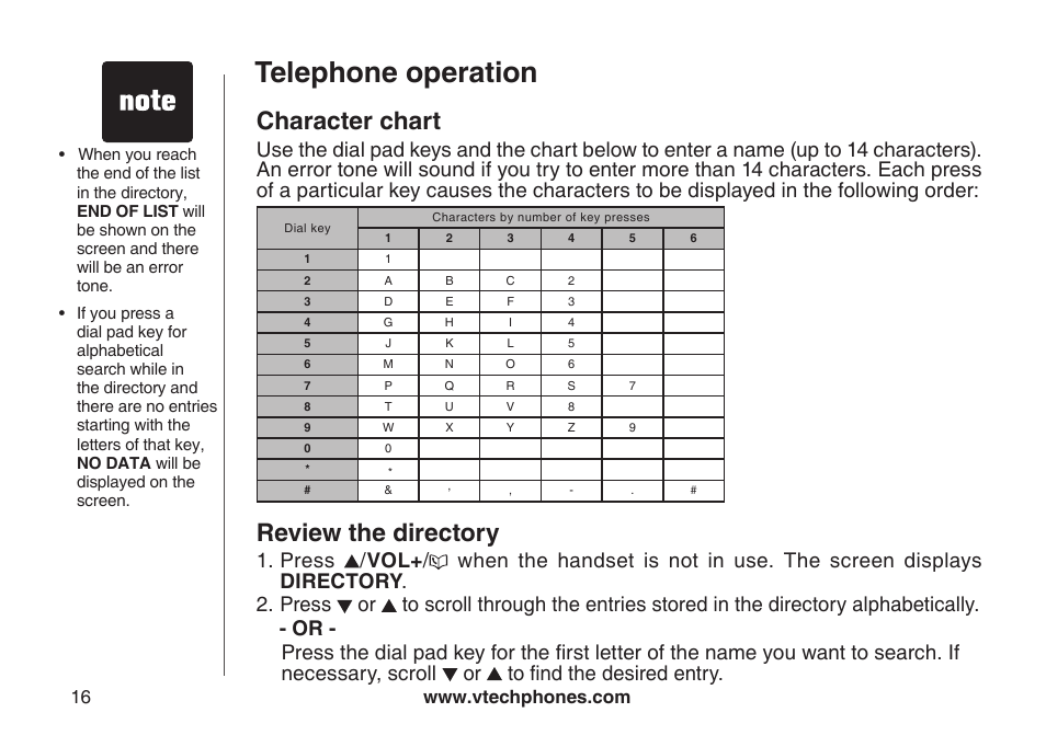 Character chart, Review the directory, Telephone operation | VTech CS5123 User Manual | Page 20 / 69