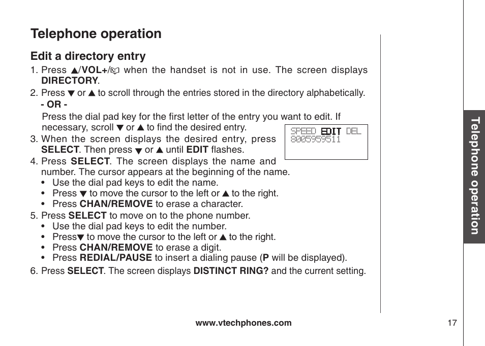 Edit a directory entry, Edt a drectory entry, Telephone operation | VTech CS5123 User Manual | Page 21 / 69