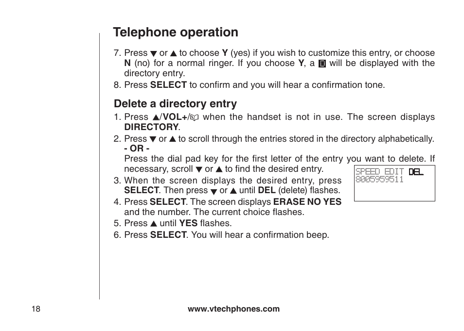 Delete a directory entry, Delete a drectory entry, Telephone operation | VTech CS5123 User Manual | Page 22 / 69