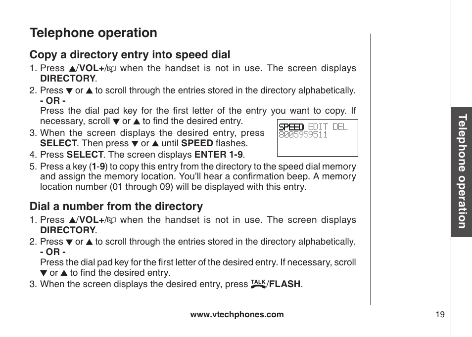 Copy a directory entry into speed dial, Dial a number from the directory, Y a drectory entry nto speed dal | Dal a number from the drectory, Telephone operation | VTech CS5123 User Manual | Page 23 / 69