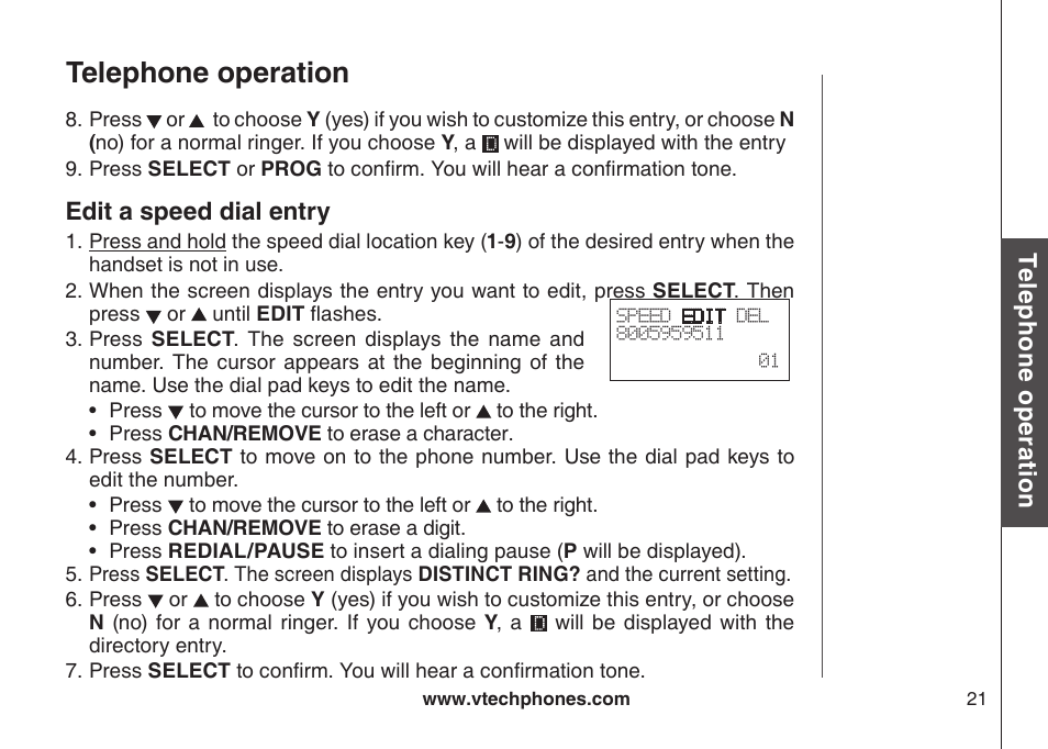 Edit a speed dial entry, Edt a speed dal entry, Telephone operation | VTech CS5123 User Manual | Page 25 / 69