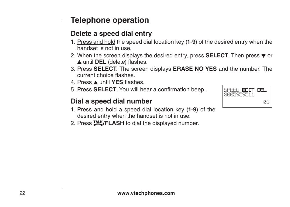 Delete a speed dial entry, Dial a speed dial number, Delete a speed dal entry | Dal a speed dal number, Telephone operation | VTech CS5123 User Manual | Page 26 / 69
