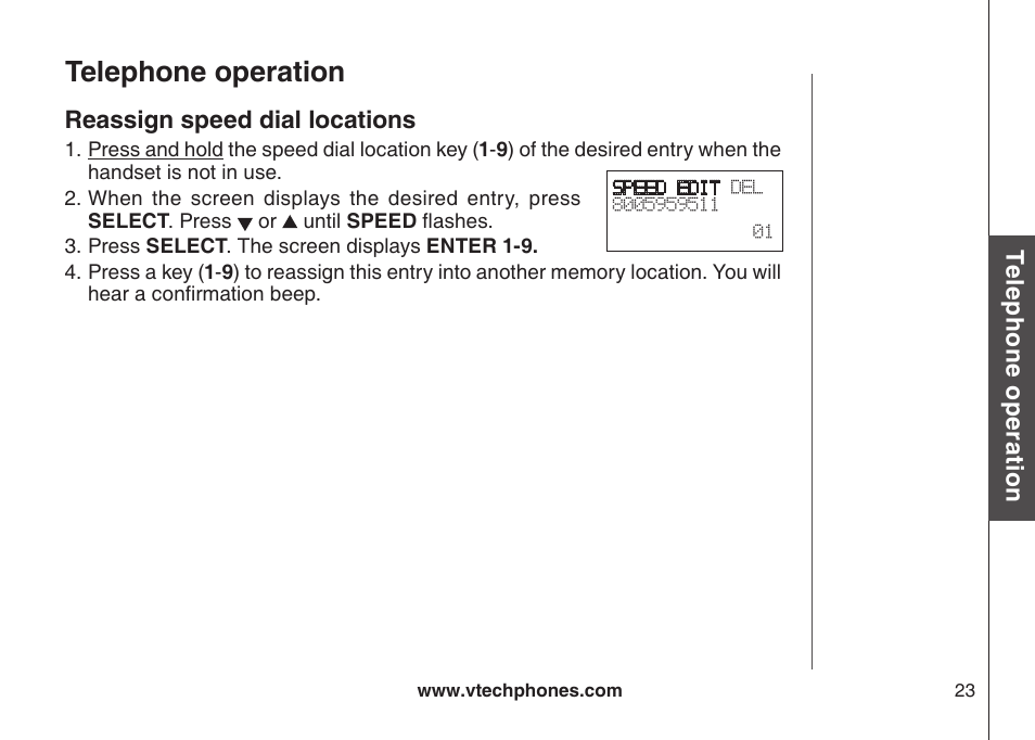 Reassign speed dial locations, Reassgn speed dal locatons, Telephone operation | VTech CS5123 User Manual | Page 27 / 69