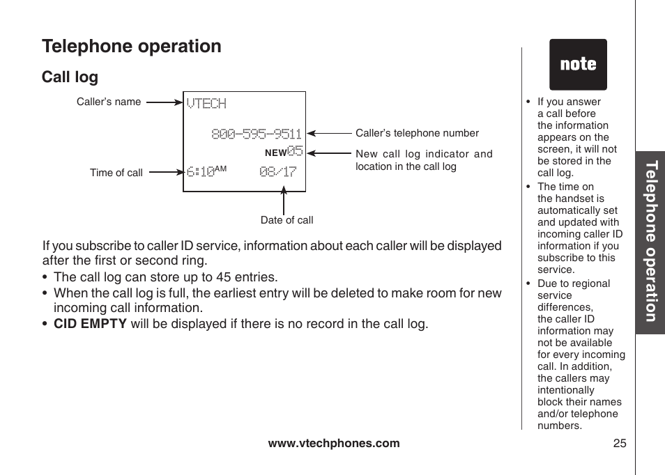 Call log, Telephone operation, Te le ph on e o pe ra tio n | VTech CS5123 User Manual | Page 29 / 69