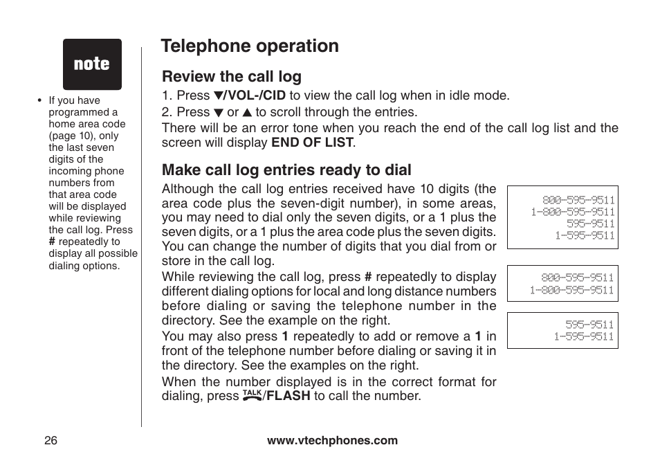 Review the call log, Make call log entries ready to dial, Revew the call log | Make call log entres ready to dal, Telephone operation | VTech CS5123 User Manual | Page 30 / 69