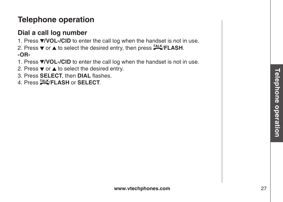 Dial a call log number, Dal a call log number, Telephone operation | VTech CS5123 User Manual | Page 31 / 69