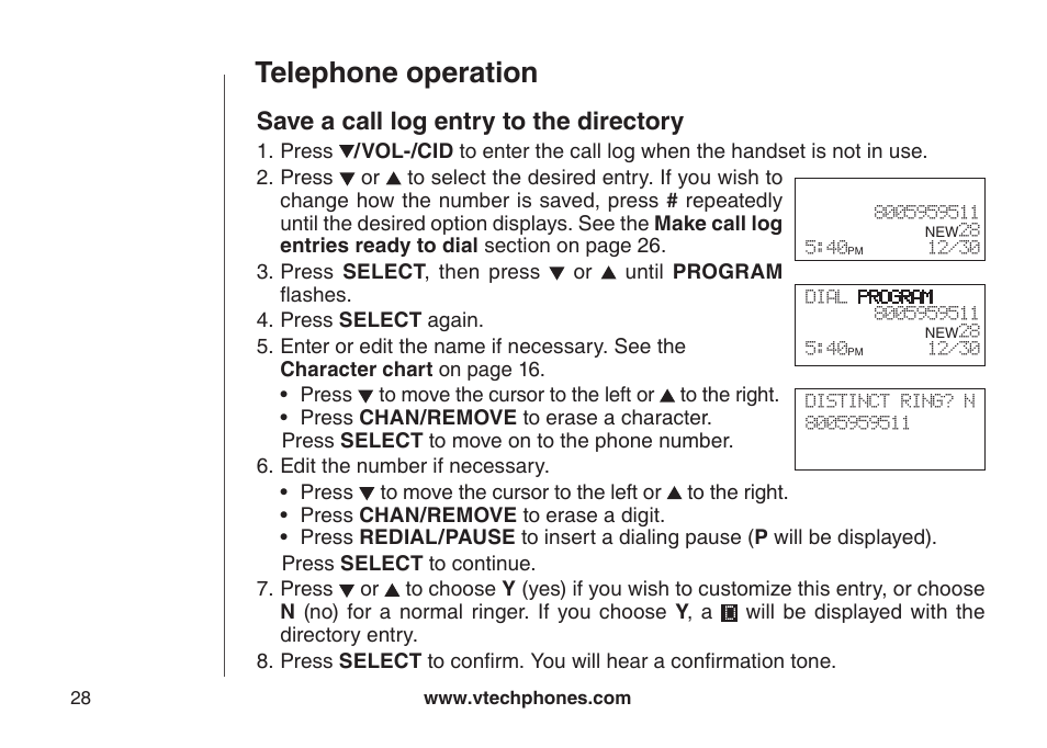 Save a call log entry to the directory, Save a call log entry to the drectory, Telephone operation | VTech CS5123 User Manual | Page 32 / 69