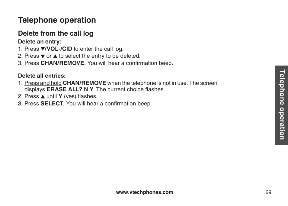 Delete from the call log, Telephone operation | VTech CS5123 User Manual | Page 33 / 69