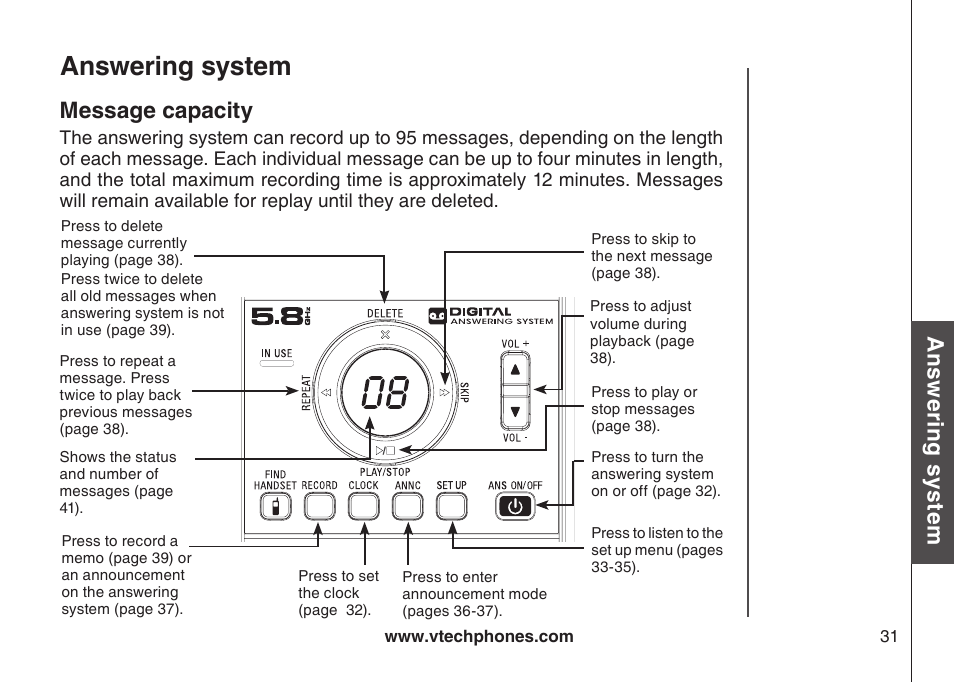 Answering system, Message capacity, Message capacty | Ans w er in g s ys te m message capacity | VTech CS5123 User Manual | Page 35 / 69