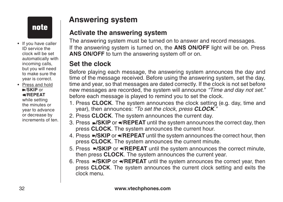 Activate the answering system, Set the clock, Actvate the answerng system | Answering system | VTech CS5123 User Manual | Page 36 / 69