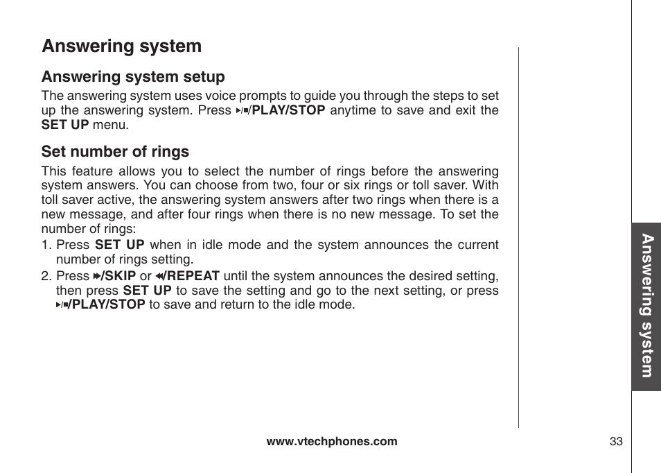 Answering system setup, Set number of rings, Answerng system setup | Set number of rngs, Answering system | VTech CS5123 User Manual | Page 37 / 69