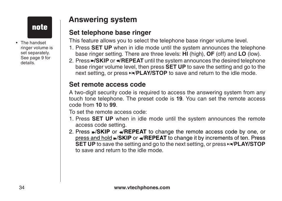 Set telephone base ringer, Set remote access code, Set telephone base rnger | Answering system | VTech CS5123 User Manual | Page 38 / 69