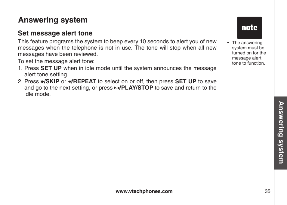 Set message alert tone, Answering system | VTech CS5123 User Manual | Page 39 / 69