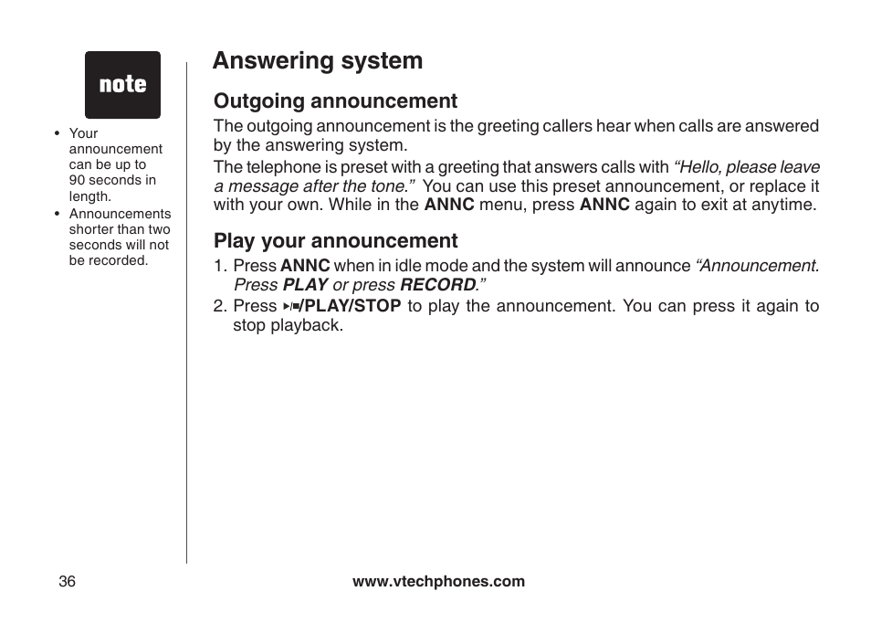 Outgoing announcement, Play your announcement, Outgong announcement | Answering system | VTech CS5123 User Manual | Page 40 / 69